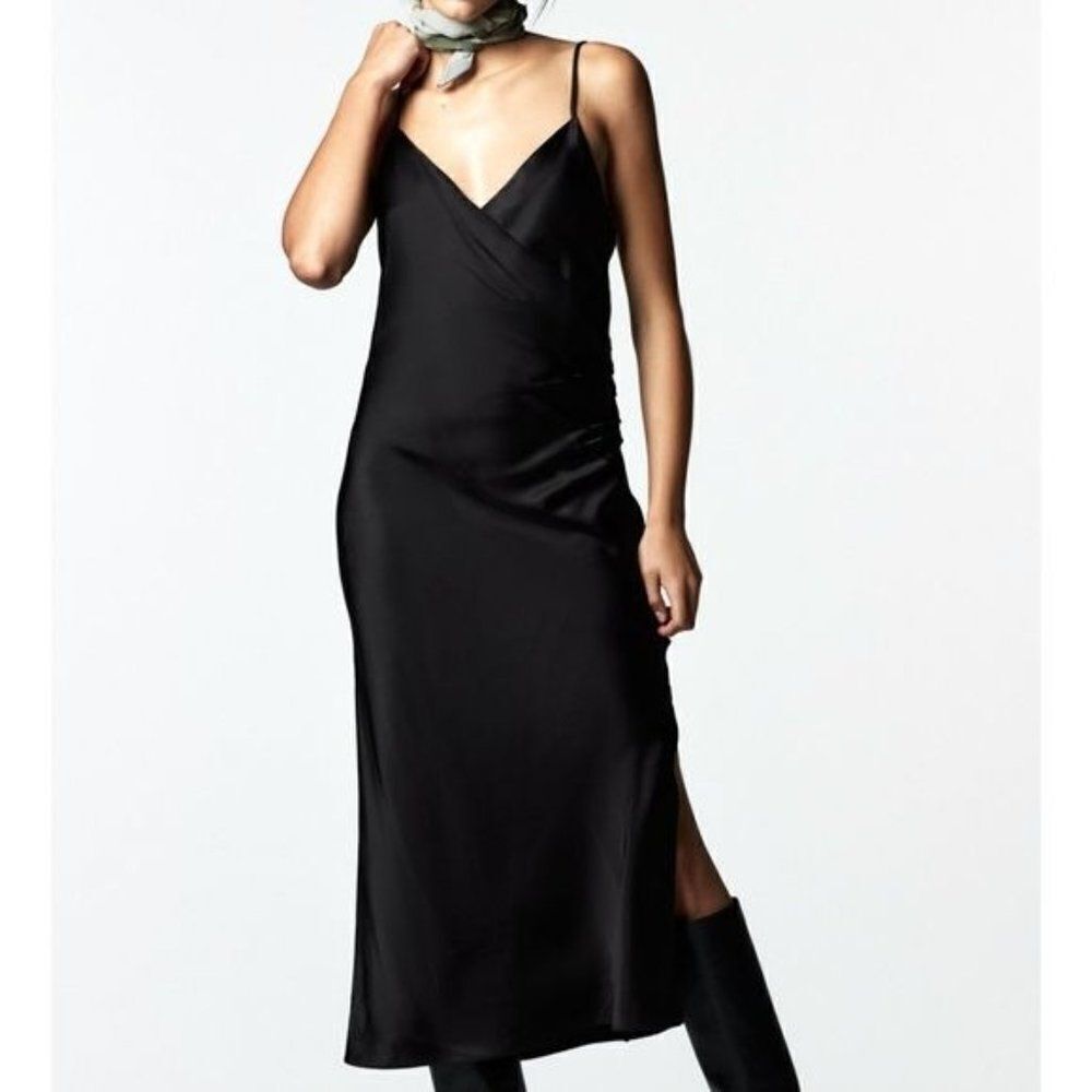 Zara Spaghetti Strap Draped Dress in Black Large